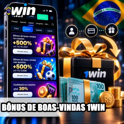 Bônus de boas-vindas no celular com presente e símbolo das etapas de depósito em reais.