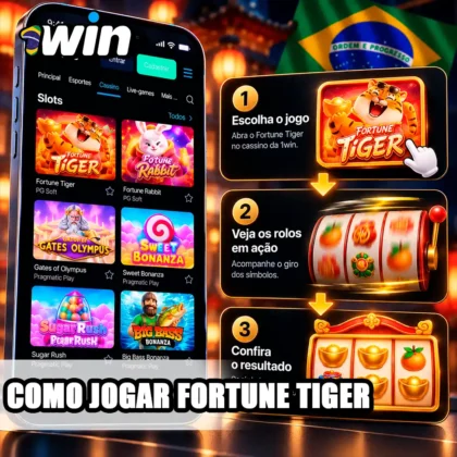 Fortune Tiger no celular com esquema de três etapas e símbolo de rolo de caça-níquel.