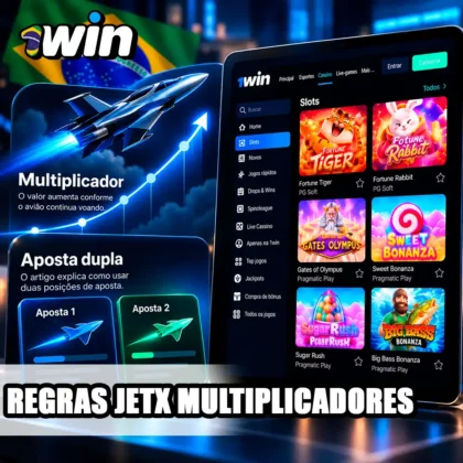 Interface da 1win em tablet com curva de multiplicador e dois cartões ilustrativos de apostas.