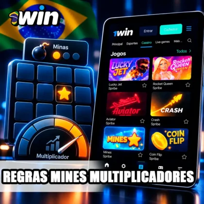 Mines em tablet com grade ilustrativa de minas e indicador neutro de multiplicador.