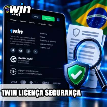 Área informativa da 1win em tablet com documento e escudo para análise de licença e segurança.