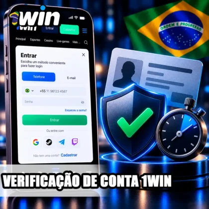 Conta da 1win no celular com documento, escudo de verificação e cronômetro de análise.
