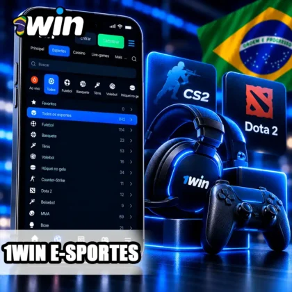 Seção da 1win no celular com headset gamer e símbolos das modalidades CS2 e Dota 2.