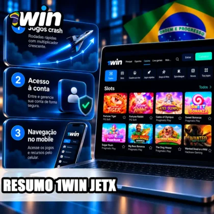 Interface da 1win no notebook com resumo de crash games, conta e navegação móvel.