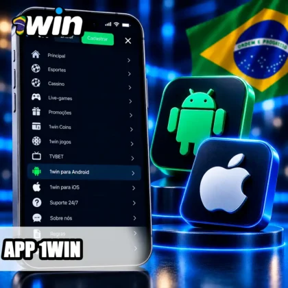 Menu móvel da 1win com opção para Android e símbolos das plataformas Android e iOS.