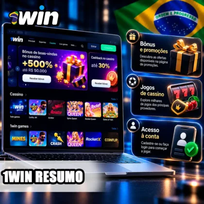 Resumo da 1win em notebook com cartão de bônus, jogos e acesso à conta.